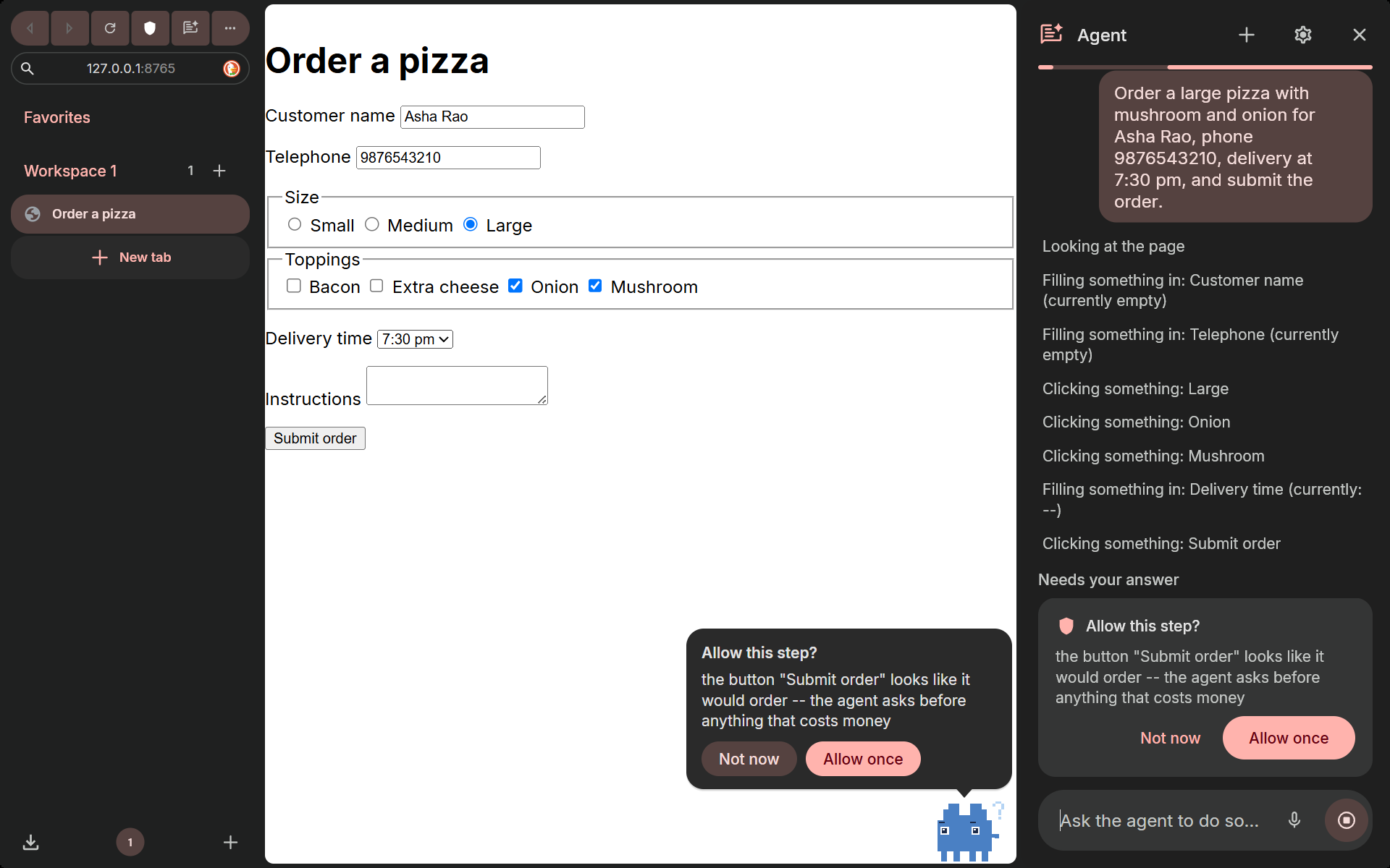 Approval prompt above the mascot
